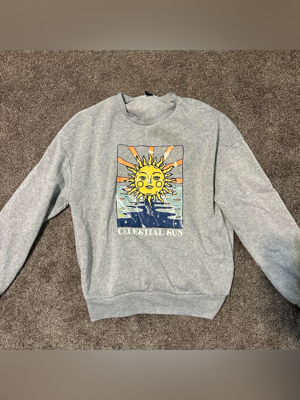 SHEIN Gray Crewneck Sweatshirt with Yellow Sun Graphic
